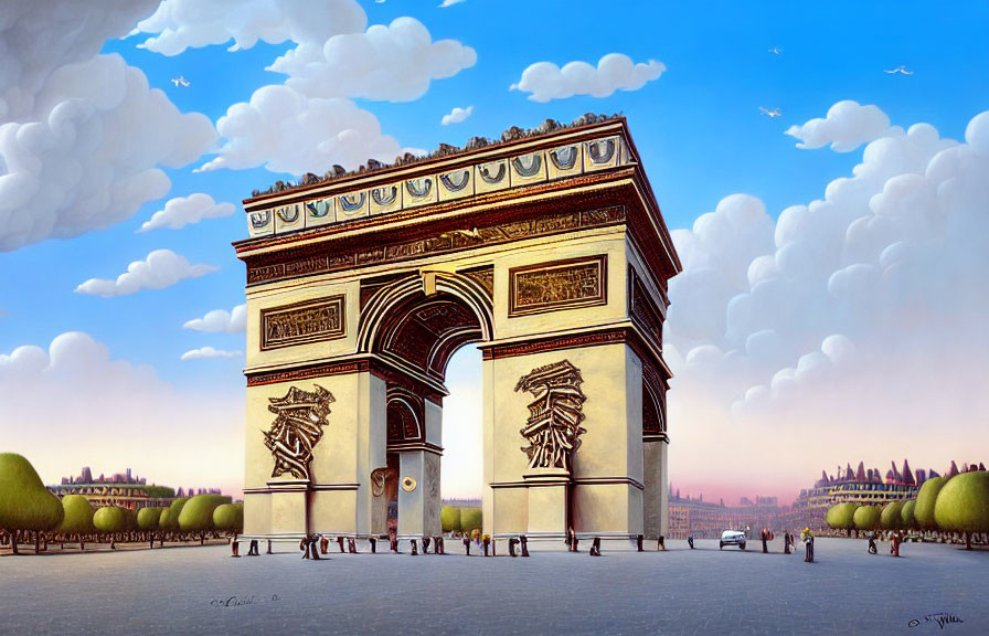 Exaggerated Arc de Triomphe in Vivid Sky with Trees and Figures