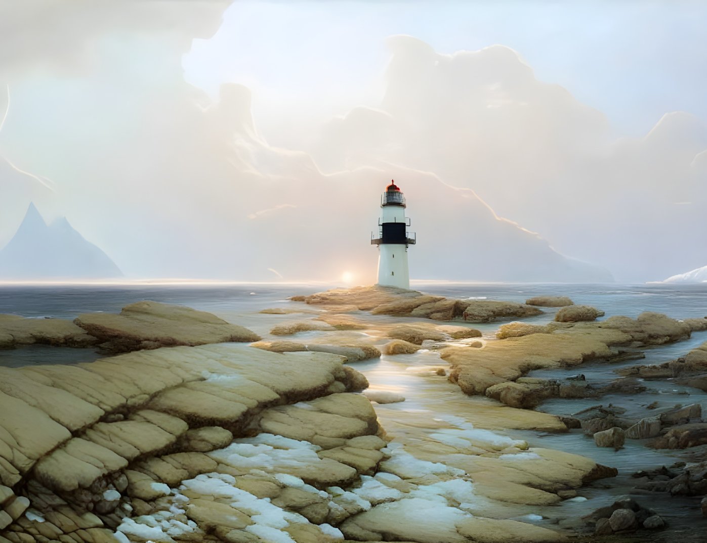 Tranquil landscape with lighthouse on icy shores at sunset