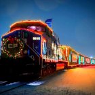 Festively decorated train with glowing lights in snowy dusk landscape