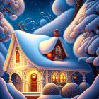 Snowy landscape with cozy cottage and starry sky