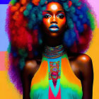Colorful Afro Woman in Vibrant Outfit and Jewelry on Multicolored Background