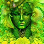 Woman with Green Hair, Leaves, Flowers, and Butterflies: A Nature-inspired Fantasy Image