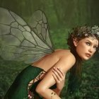 Delicate woman with translucent fairy wings in dreamy floral scene