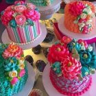 Colorful Patterned Cakes with Candy Toppings on Matching Background