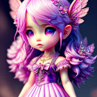 Doll with Large Purple Eyes, Pink Hair, Fairy Wings, and Flower Dress