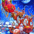 Colorful Underwater Scene with Red Coral and Whimsical Creatures