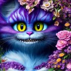 Colorful Striped Cat Artwork with Yellow Eyes and Roses
