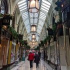 Festive Christmas decorations in vibrant shopping arcade