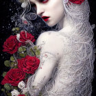 Digital portrait of woman with red roses, red lipstick, pale skin, gray hair, white lace garment