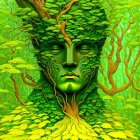 Nature-inspired character with tree branches hair and forest background