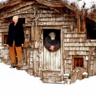 Elderly Men at Snow-Covered Cabin