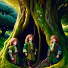 Curious hobbits by ancient massive tree in vibrant forest landscape