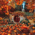 Rustic house in autumn setting with carved pumpkins and fall foliage