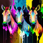 Vibrant Paint Splashes on Three Zebras on Black Background