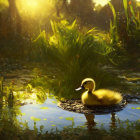 Duckling floating on calm pond in golden sunlight