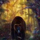 Bear in Colorful Forest with Mushrooms and Mystical Lighting