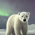 Polar Bear in Snowy Terrain Under Vibrant Aurora Borealis
