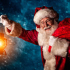 Santa Claus in Red Suit with Lantern Under Starry Night Sky