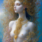 Illustrated portrait of woman with flowing hair and flower crown in cosmic setting