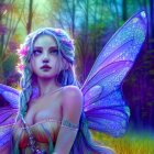 Mystical fairy with purple wings in serene forest landscape