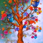 Vibrant painting of colorful tree with owls in branches