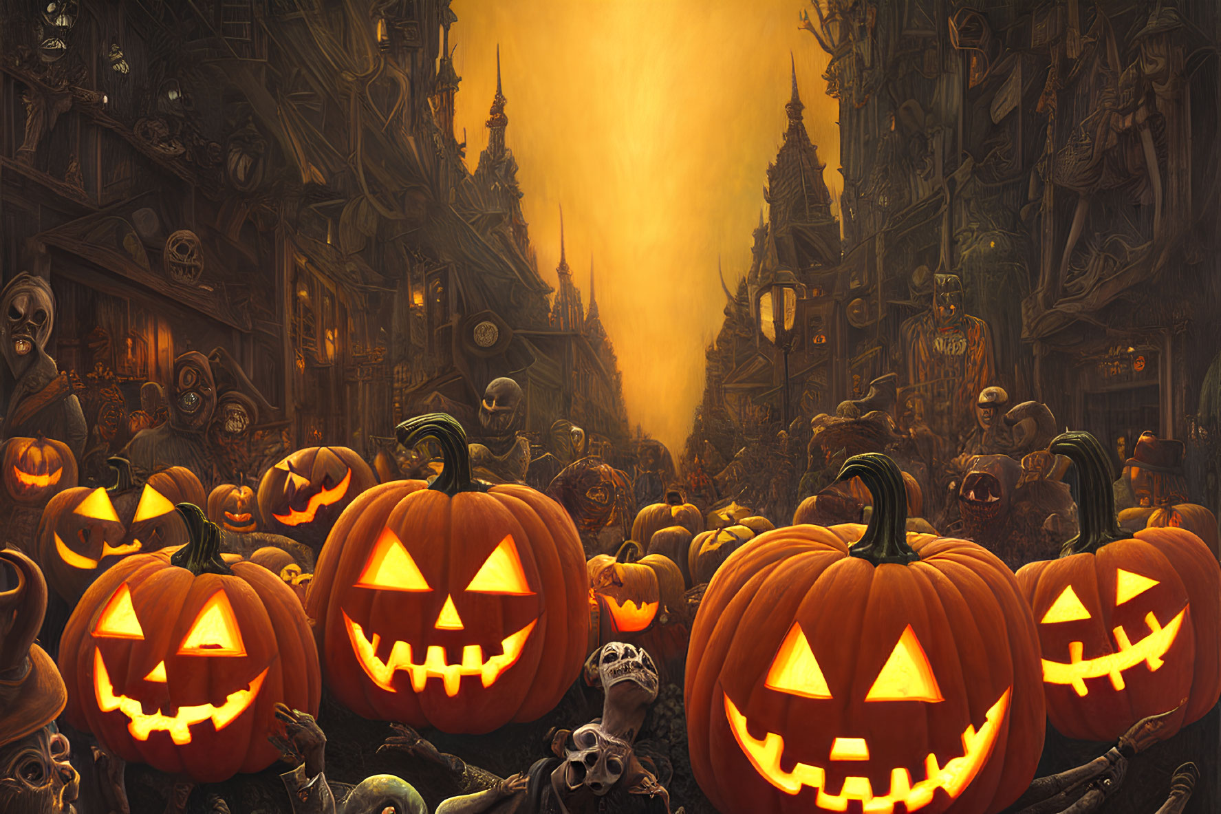 Halloween-themed image: Carved pumpkins, skeletons, spooky street
