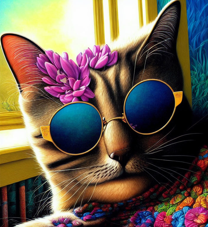 Vibrant painting of a cat in sunglasses with a flower, set in a colorful background
