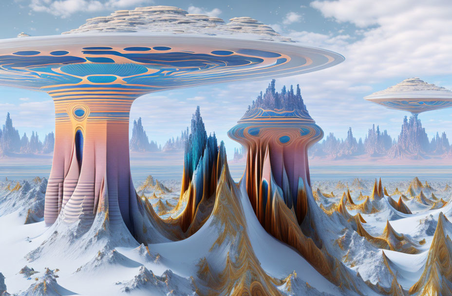 Surreal landscape: massive mushroom shapes, snowy peaks, icy blue forests