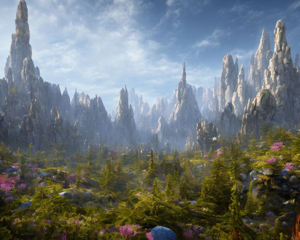 Tranquil landscape with rocky spires, lush forest, and pink flowers