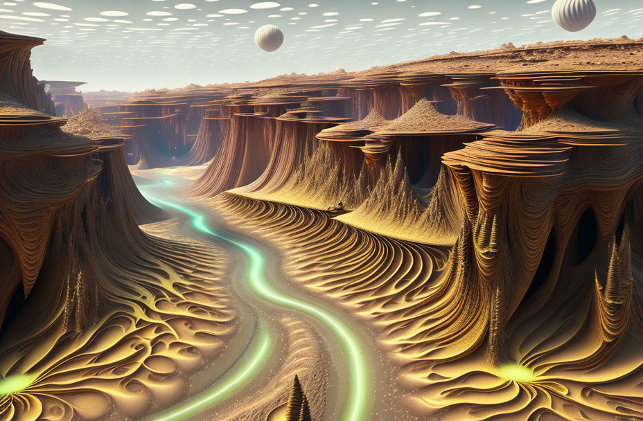 Surreal landscape with layered rock formations and blue river under multiple moons.