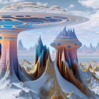 Alien landscape with towering mushroom structures and iridescent tones
