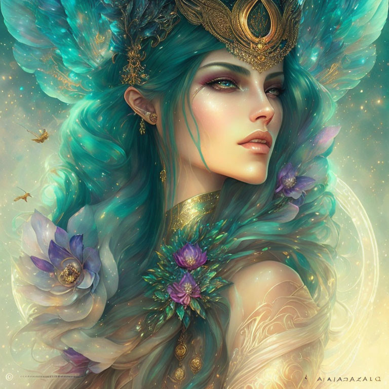 Fantasy illustration of woman with turquoise hair, gold crown, purple flowers, and golden sparkles.