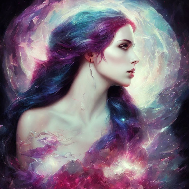 Colorful flowing hair woman portrait in cosmic background.
