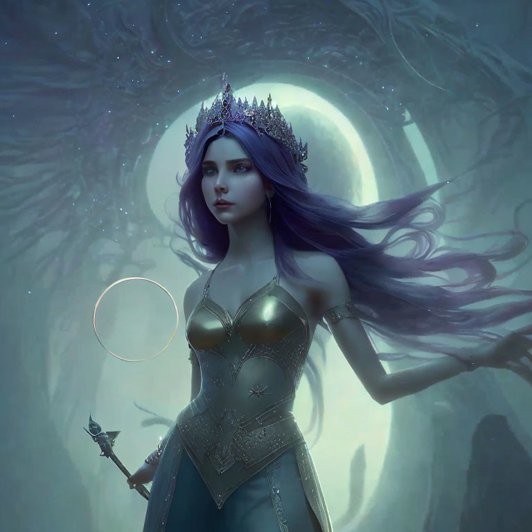 Silver Crowned Elf Queen Holding Scepter in Moonlit Forest