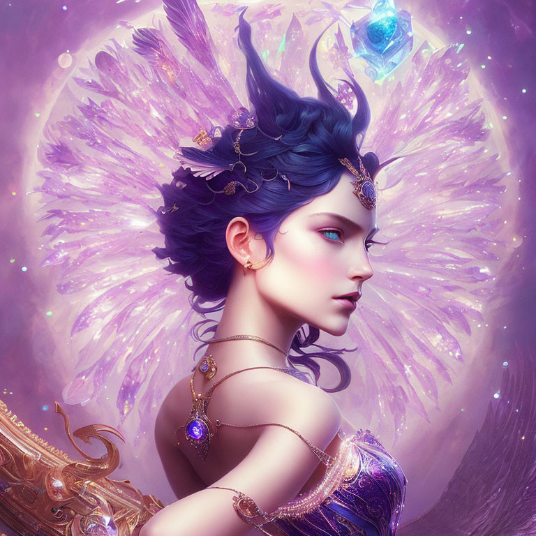 Fantasy woman with blue hair and gold jewelry on luminescent background