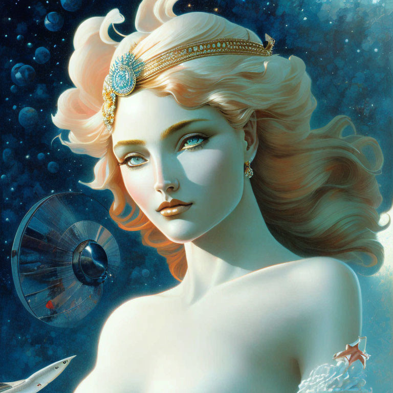 Ethereal woman with flowing hair in space-themed digital painting