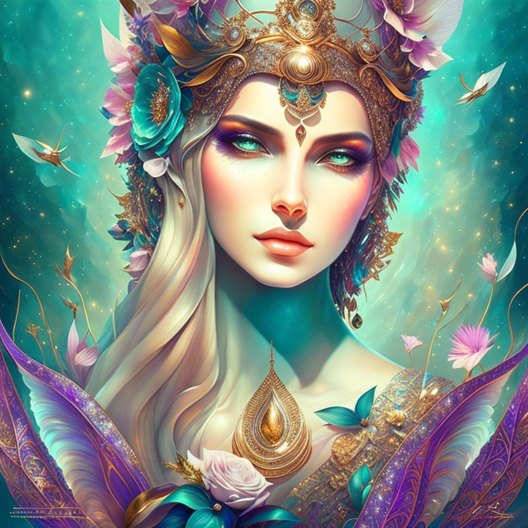 Ethereal woman with gold crown and butterflies in fantasy illustration