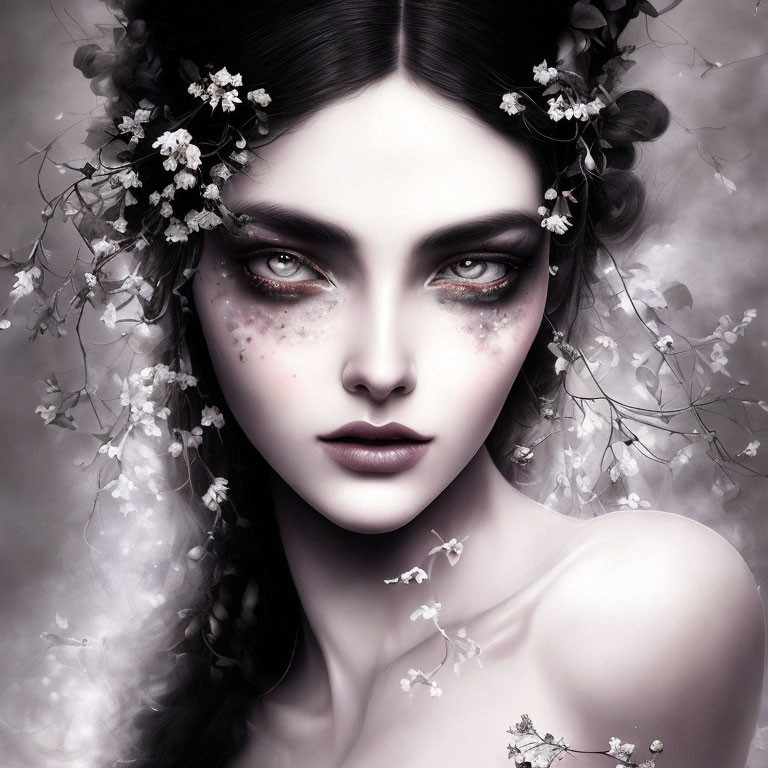 Monochromatic artwork of woman with dark makeup and floral headpiece