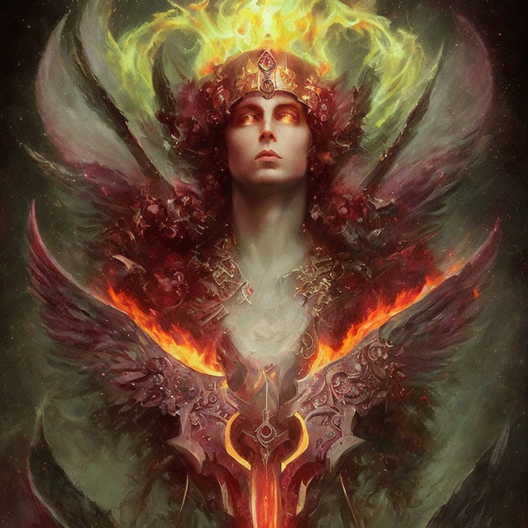 Figure with angelic wings engulfed in flames and regal headdress.