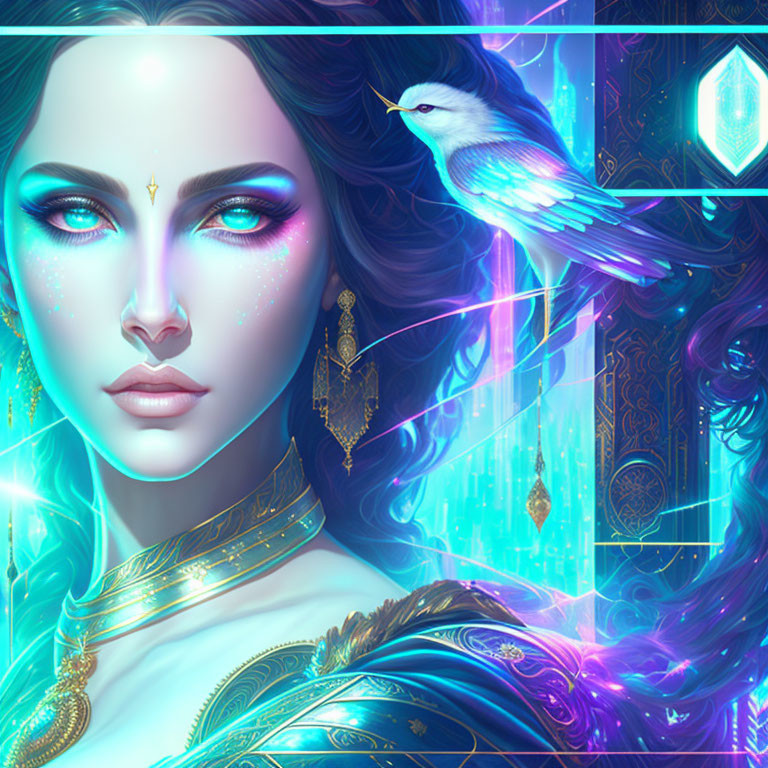 Fantasy digital artwork: Blue-skinned woman with mystical bird in magical setting