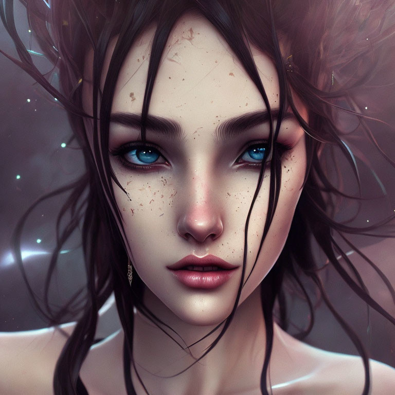 Detailed digital portrait of female with freckles, intense blue eyes, and dark hair.