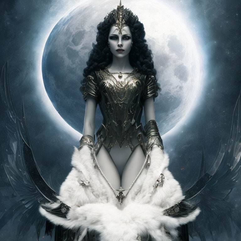 Regal queen in ornate crown with dark makeup against full moon backdrop
