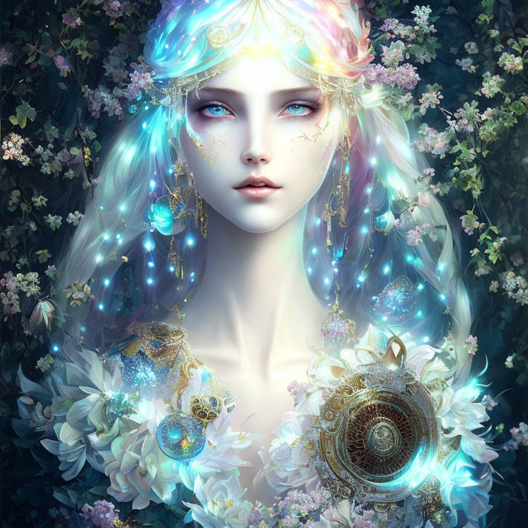 Multicolored pastel hair woman with blue eyes in ethereal setting.