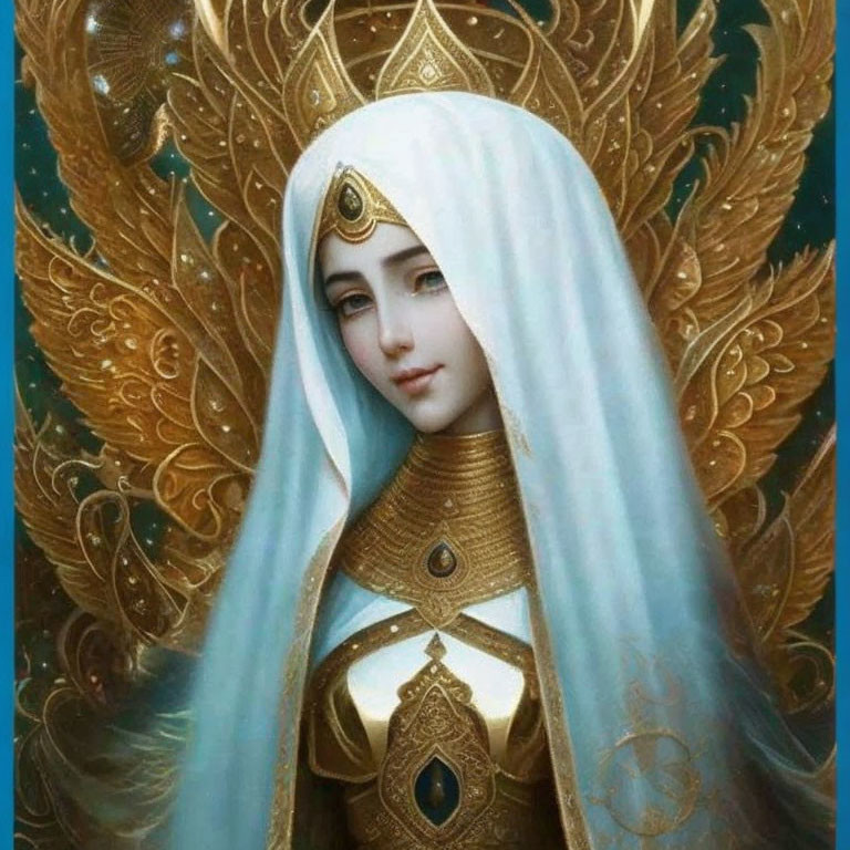 Serene woman with pale blue hair in elaborate golden armor against blue backdrop