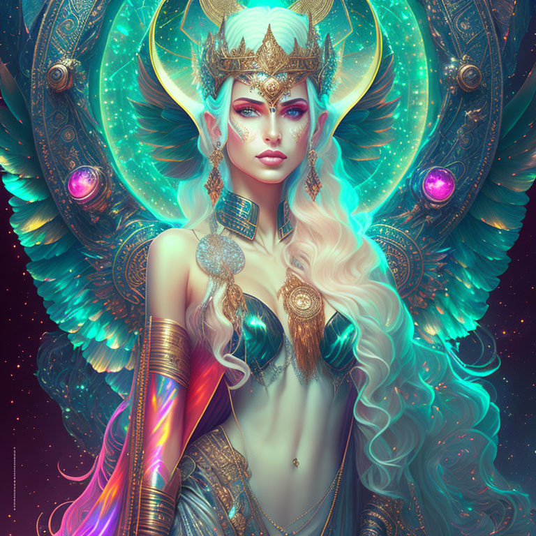 Fantasy illustration: Woman with golden headgear and teal accents