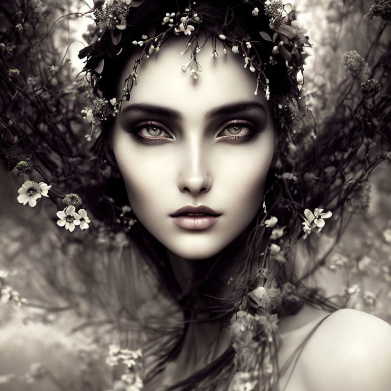 Monochrome portrait of woman with dark hair and floral wreath