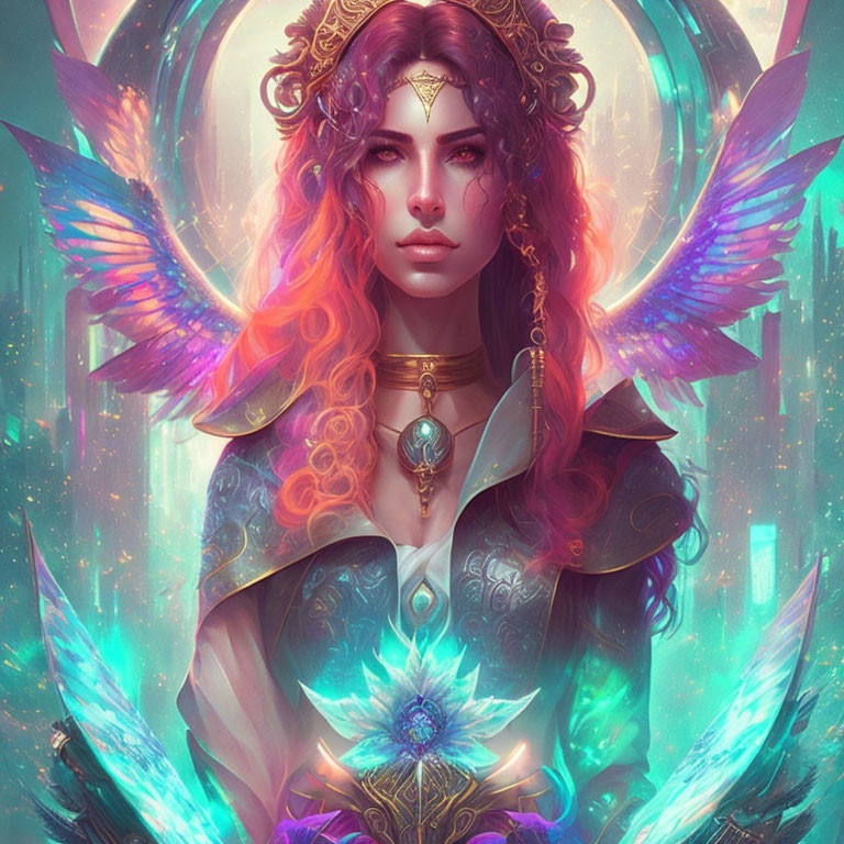 Vibrant winged female figure in intricate armor with mystical atmosphere
