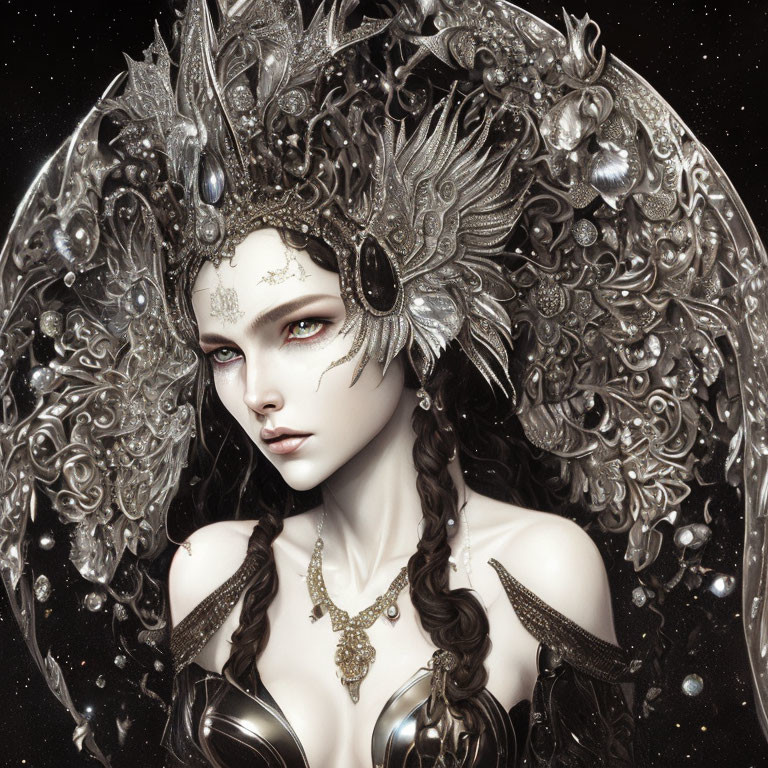 Silver headdress on pale woman with dark hair and regal adornments against starry backdrop