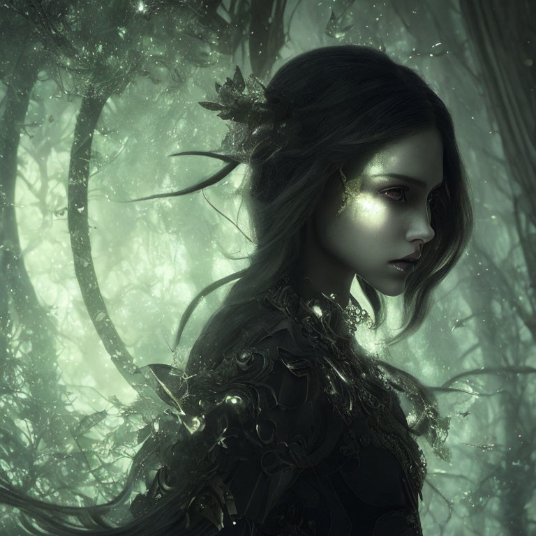 Mystical Woman Glowing Eyes Enchanted Woods Foliage Attire
