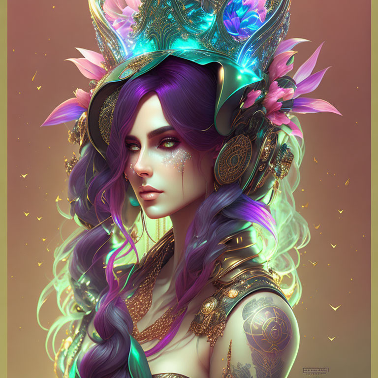 Fantastical woman with purple hair and ornate jewel-toned headdress.